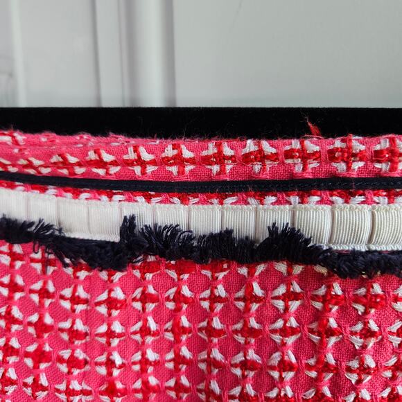 Womens Tory Burch Pink White Tweed Skirt Size 12 Navy Blue Fringe Zip Back - Picture 5 of 13